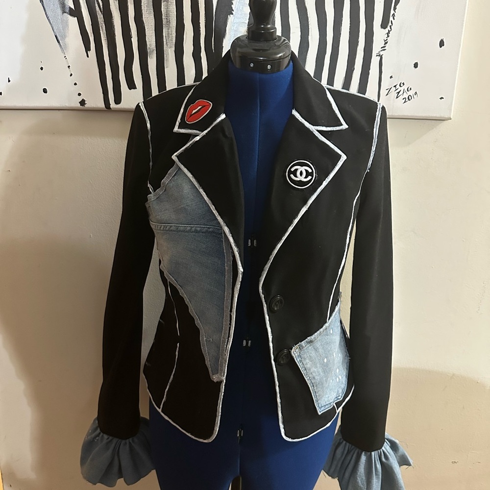 Custom Chic Black and Denim Women's Jacket